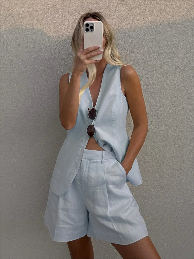 New Summer Women 2 Piece Cotton Linen Shorts Set, Fashion Office Lady Button Tank Vest Top Pocket Shorts Suit, Casual Outfits