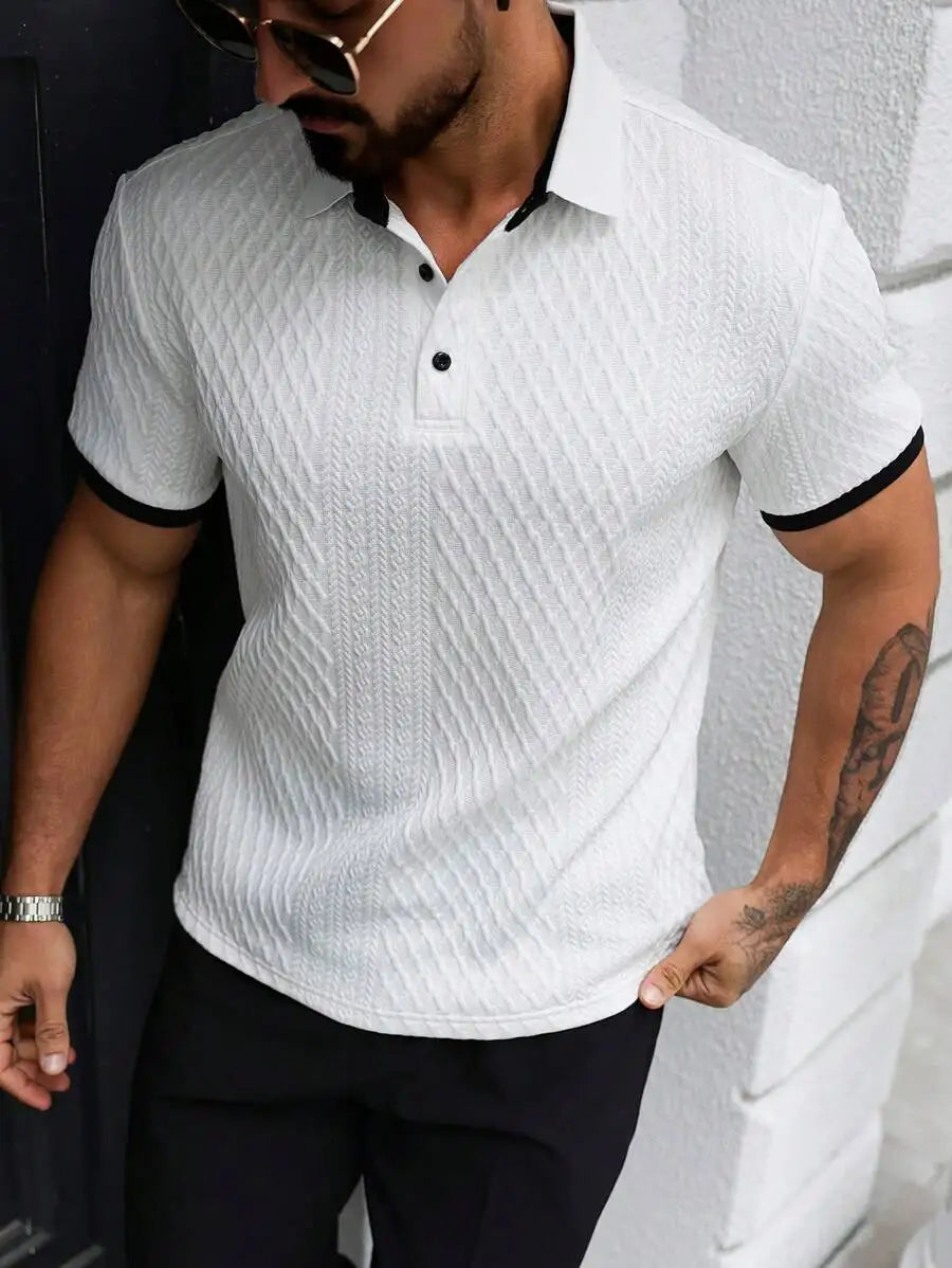 Men's Textured Short Sleeve Polo Shirt with Black Trim - Casual Minimalist Design