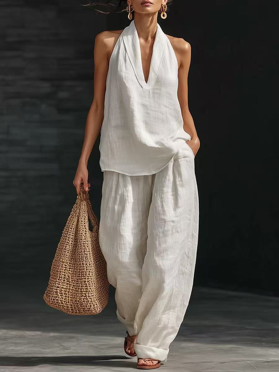 French Style Halter Top and Wide-Leg Pants