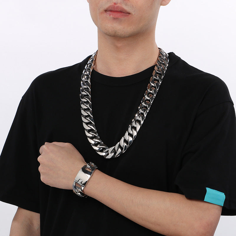 Hip Hop Cuban Chain Titanium Steel Necklace Bracelet Set