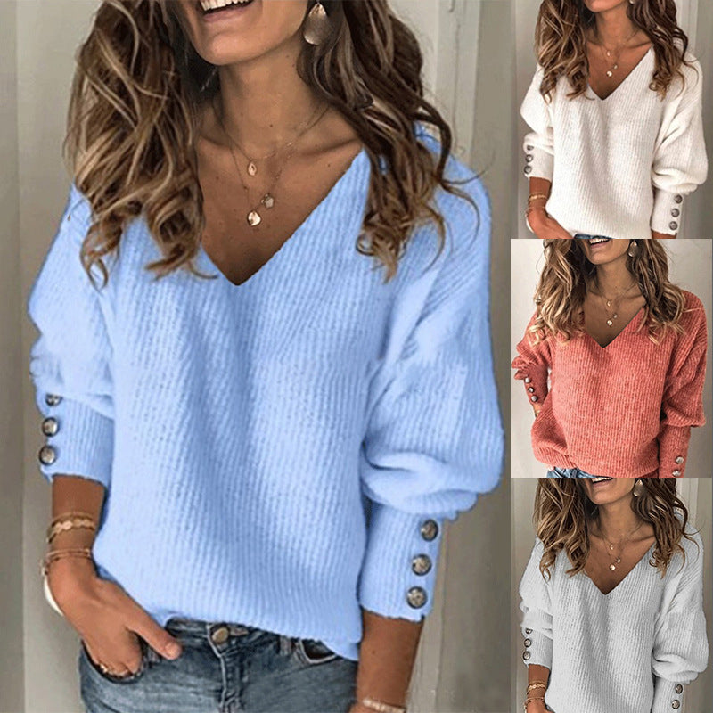 Fashionable Women's Solid Color Knit V-Neck Long Sleeve T-Shirt