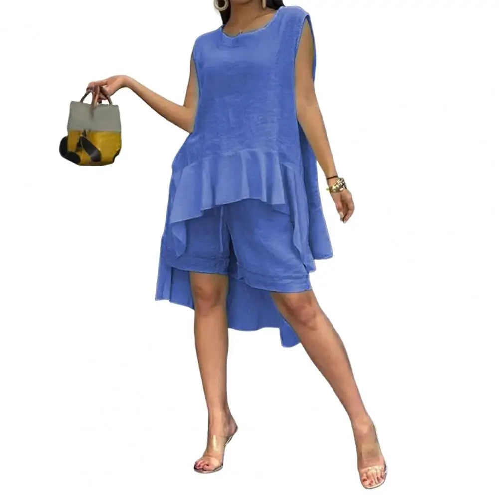 Women's Cotton Linen Two Piece Set Irregular Ruffle Hem Sleeveless Top Drawstring Shorts Summer Casual Outfit Retro Female Wear