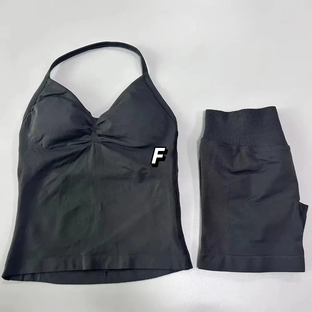 2 Pieces Sport Set Women Backless Tank Tops High Waist Scrunch Seamless Shorts Sport Suit Gym Set Sportswear Workout Set