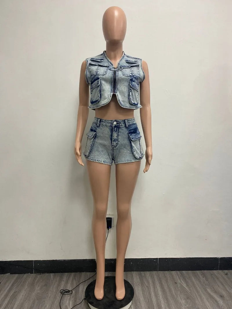 2025 Summer Women Fashion Denim Cargo 2 Piece Set Multi Pockets Sleeveless Zipper Waistcoat Crop Tops + Shorts Casual Jeans Suit