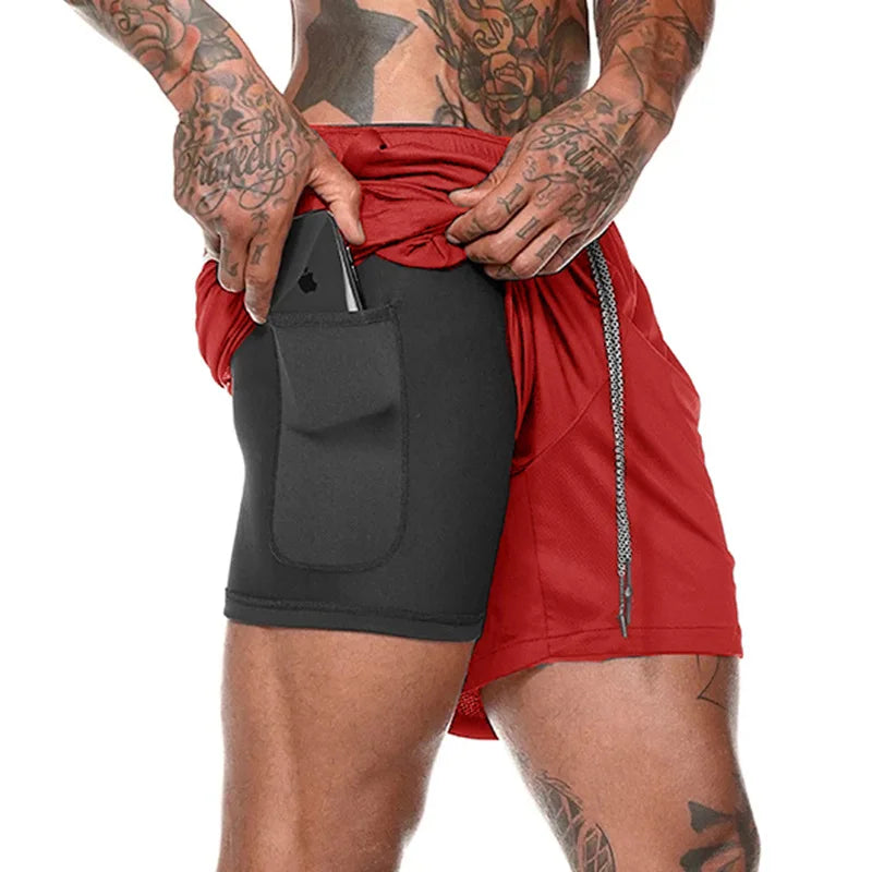 2 in 1 Compression Shorts for Men Gym Workout Running Shorts with Phone Pockets Athletic Quick Dry Activewear Training Jogging