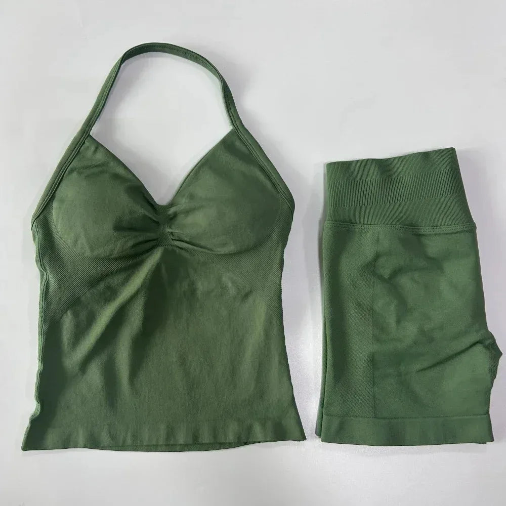 2 Pieces Sport Set Women Backless Tank Tops High Waist Scrunch Seamless Shorts Sport Suit Gym Set Sportswear Workout Set