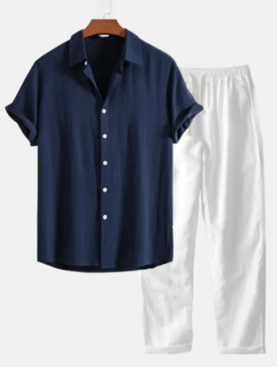 Cotton-Linen Beachwear Short Sleeve Suit