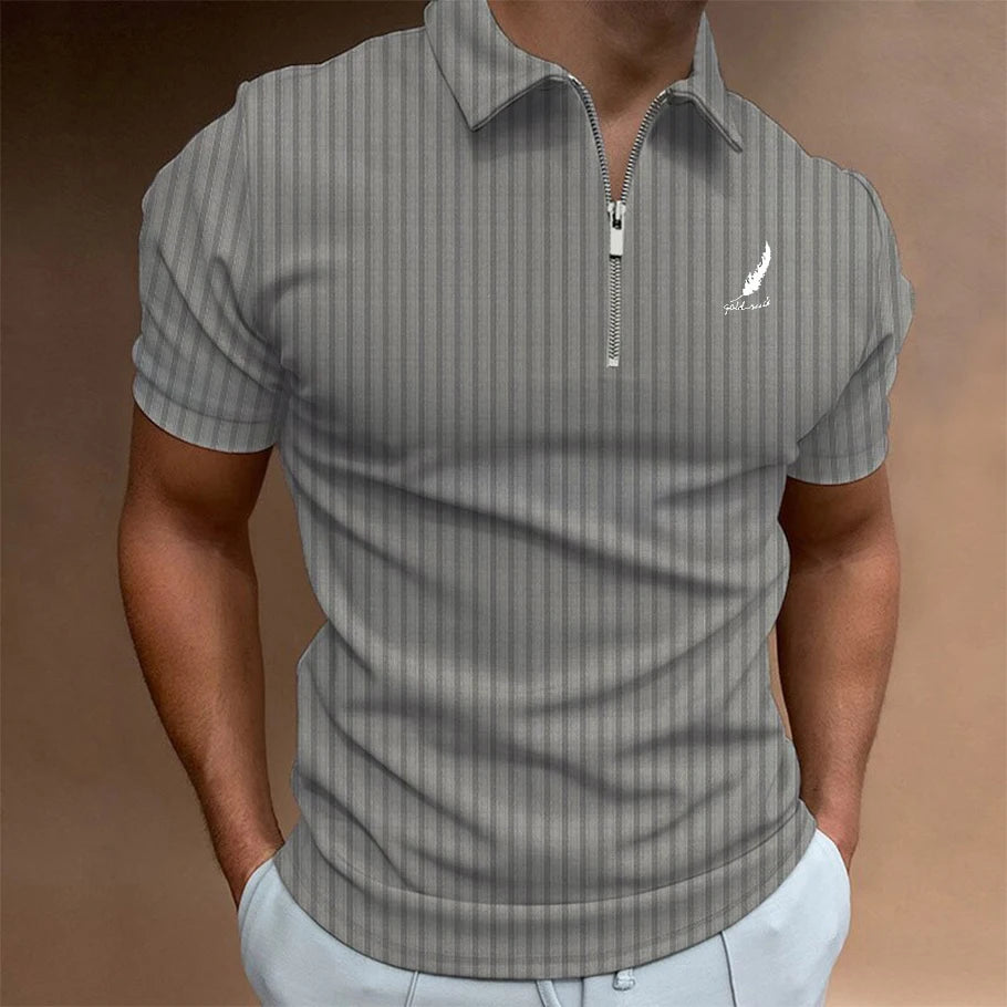 Men's Summer Half Chain Vertical Striped Short Sleeved Polo Shirt Is a Fashionable Choice for Casual Wear and Figure Enhancement