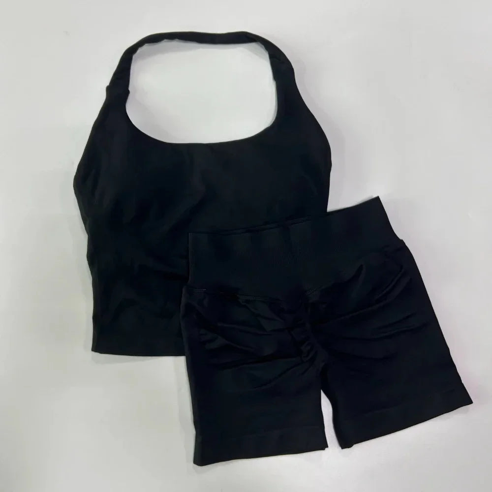 2 Pieces Sport Set Women Backless Tank Tops High Waist Scrunch Seamless Shorts Sport Suit Gym Set Sportswear Workout Set