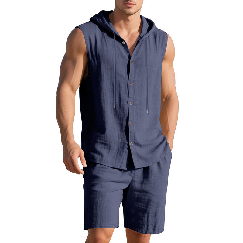 Men's Linen Hooded Vest and Shorts Set