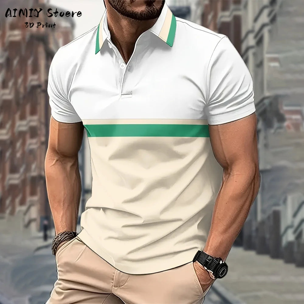 Men's Polo Shirt Striped Polo Shirt Casual Men's Top Short Sleeve Lapel Shirt White Base Gray Stripe Versatile Business Wear