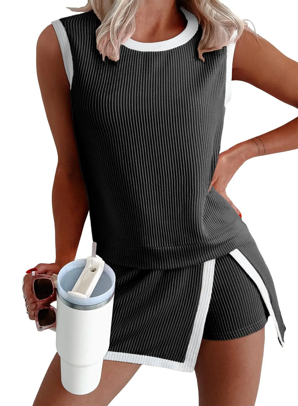 2026 Summer Casual Sports Style Women's Two-piece Fashionable Round Neck Loose Sleeveless Top+high Waisted Patchwork Shorts Set