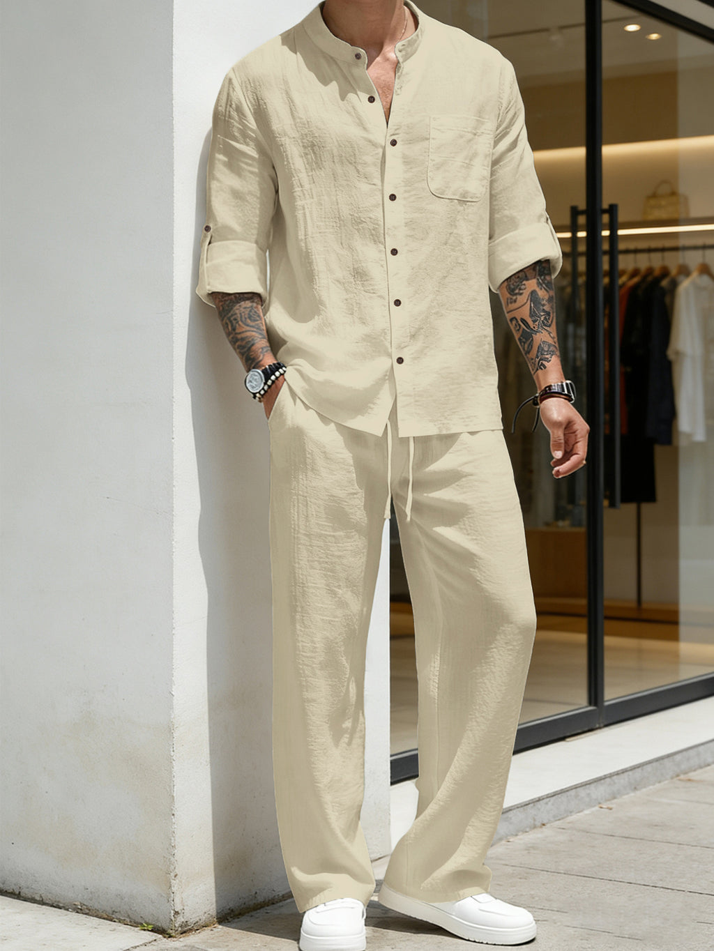 Mens Linen Stand Collar Shirt and Pants Set