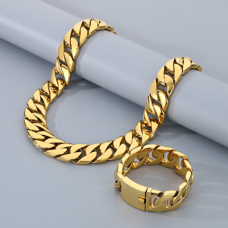 Hip Hop Cuban Chain Titanium Steel Necklace Bracelet Set