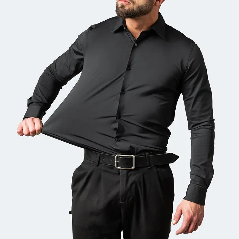 6xl New summer black men's shirt elastic force non-iron long-sleeved business casual shirt solid color mercerized vertical