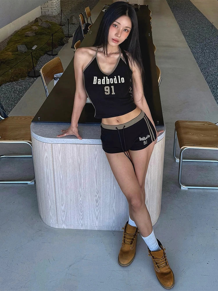 Weird Puss Sporty 2-Piece Set Women Tracksuit Stretch Halter Skinny Letter Print Camisole+Bandage Shorts Street Casual Outfits