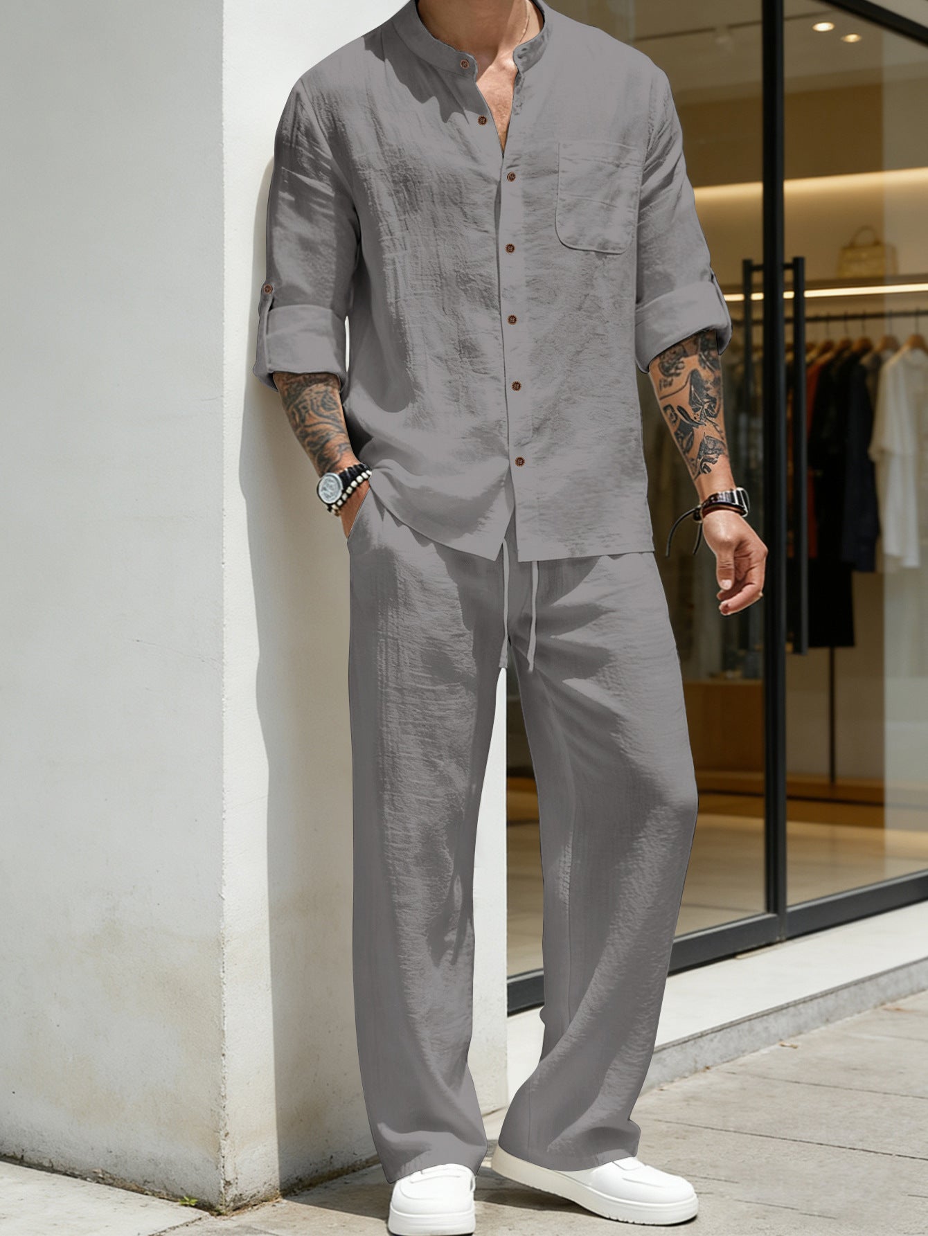 Mens Linen Stand Collar Shirt and Pants Set