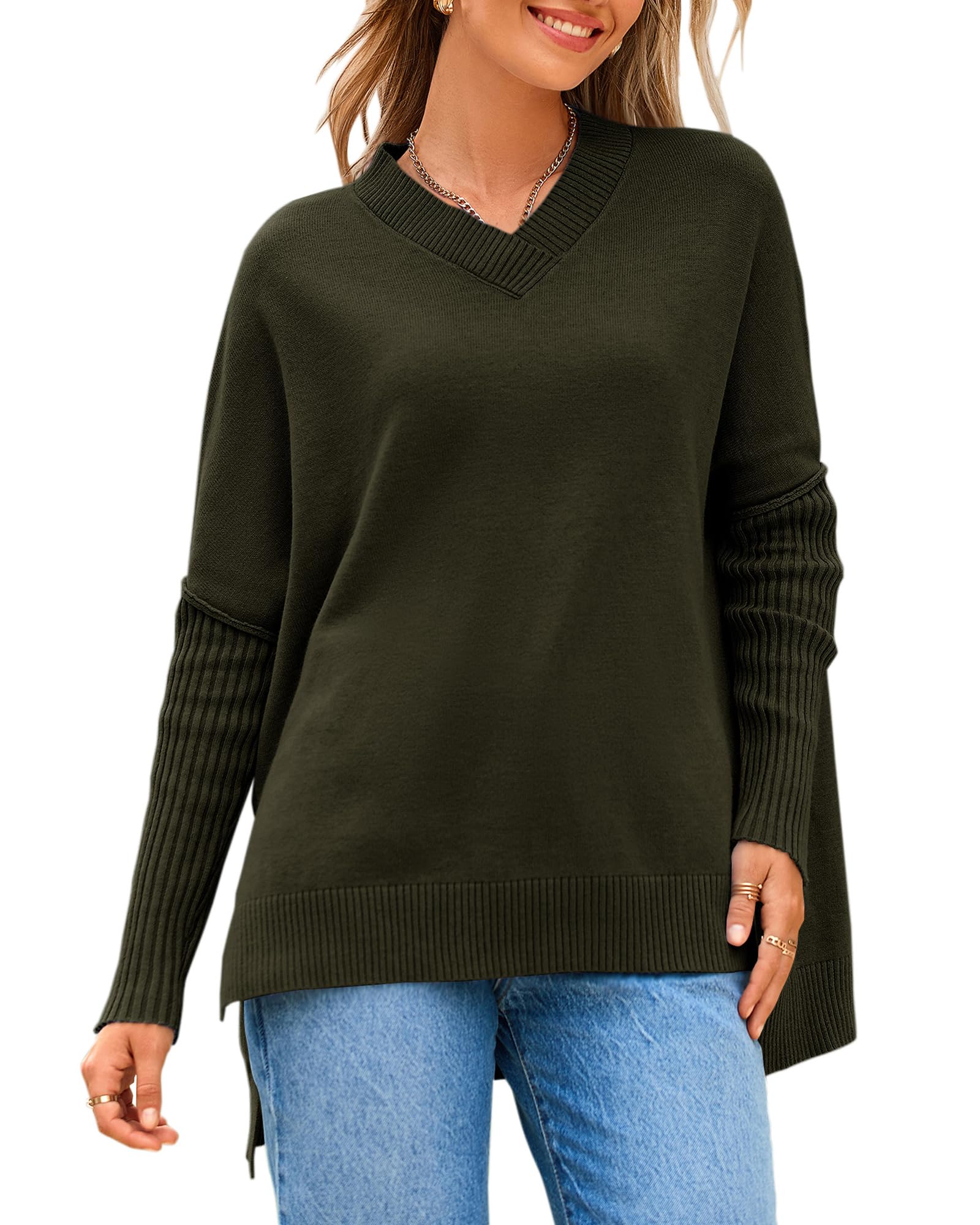 NOLLSOM Womens Sweaters Batwing Long Sleeve Sweaters 2024 Fall Oversized Ribbed Knit Side Slit V Neck Pullover Tops(Solid Army GreenX-Large)