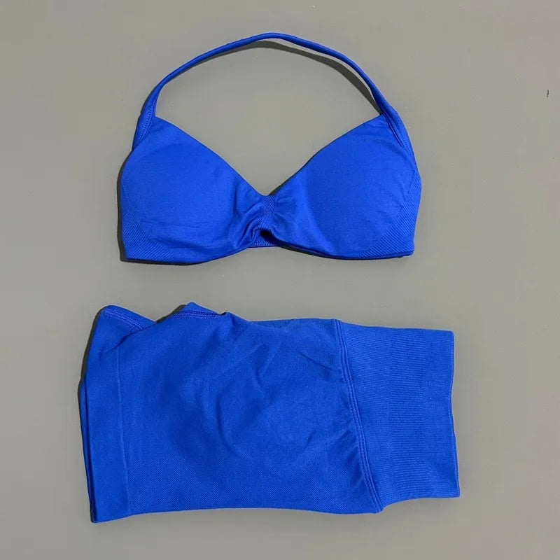 2 Piece Impact Sports Set Women Strappy Yoga Bra Gym Workout Scrunch Shorts Sports Suit Fitness Clothes Seamless Yoga Set