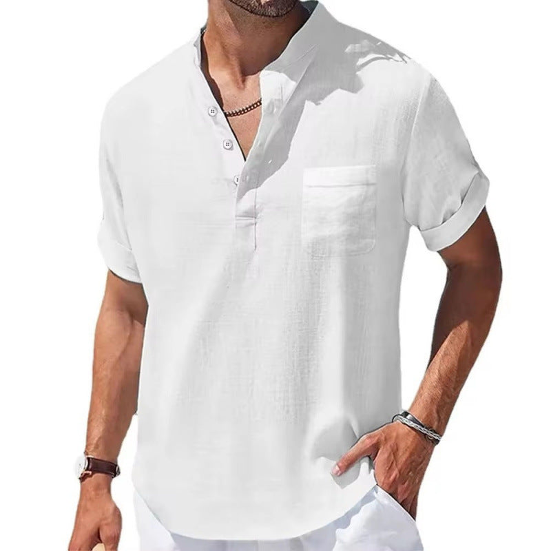 Men's Linen Short Sleeve Shirt with Stand Collar