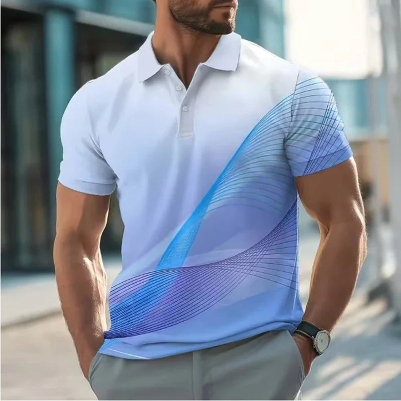 Summer Men's Short-sleeved Breathable Button Up 3D Digital Printed Polo Shirt Casual Simple Pattern Popular Top in America