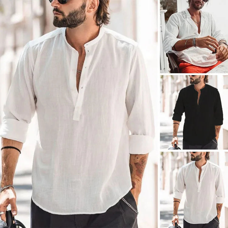 Long Sleeve Henley Cotton Linen Shirts