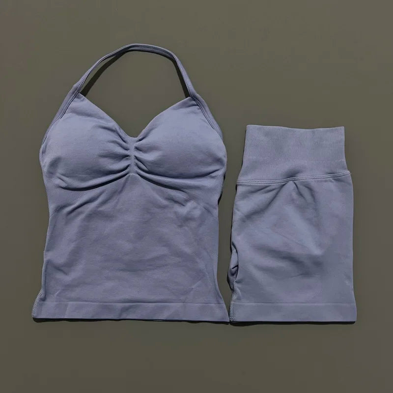 2 Piece Impact Sports Set Women Backless Halter Tops Fitness Tank Top High Waist Seamless High Stretch Shorts Gym Workout Sets