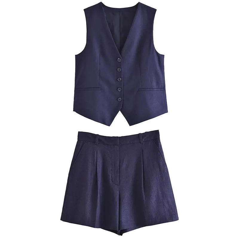 HH Fashion Vintage Sets For Women 2 Pieces Solid Linen V Neck Waistcoat Single Breasted Loose Vest Top Chic Casual Short Y2k