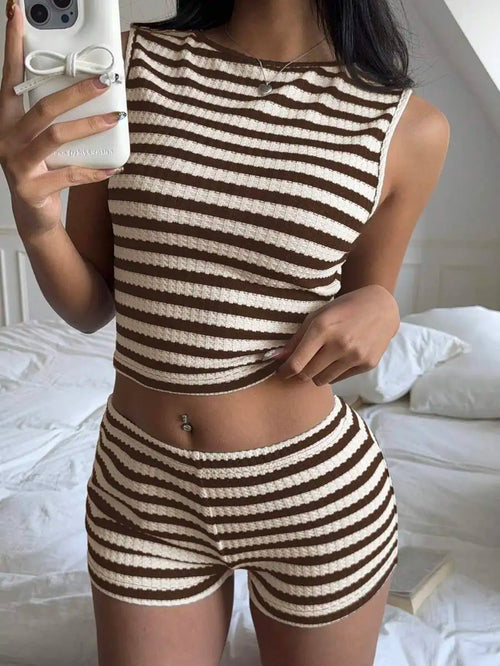Brown and Cream Striped Cropped Tank Top and Shorts Set, Casual Summer Outfit