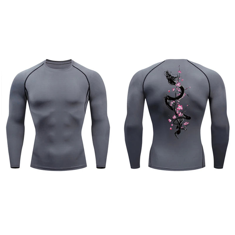 Dragon Blossom Print Compression Shirt for Men Athletic Quick Dry T-shirts Gym Workout Running Tees Long Sleeve Tops Activewear