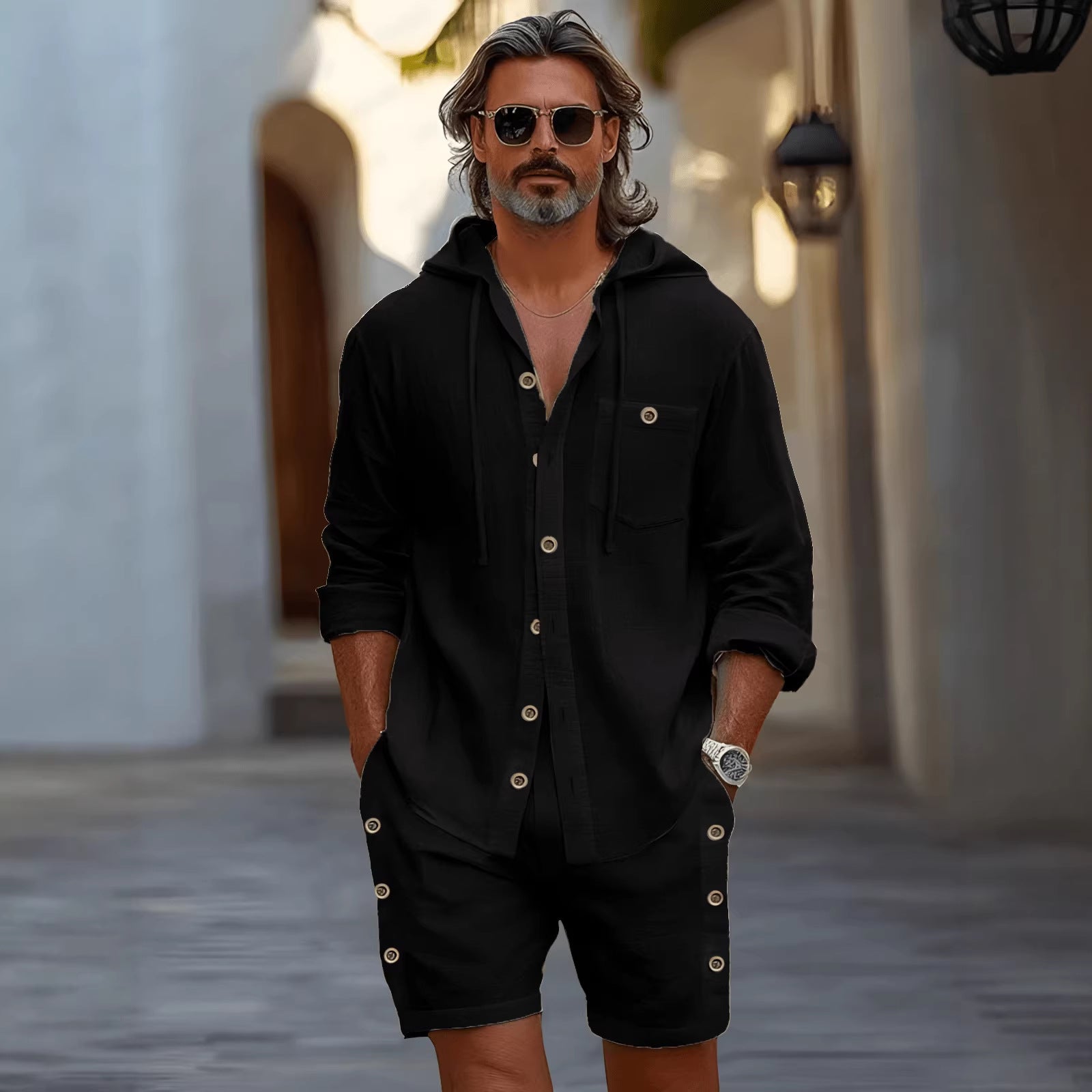 Mens Hooded Shirt Shorts Casual Set
