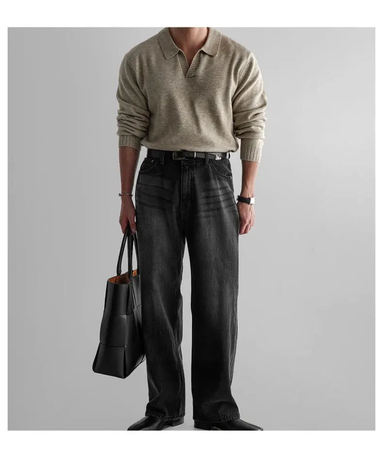 2025 New Oatmeal Color Turn Down Collar Pullover Polo Shirt Men Long Sleeve Regular Shoulder Casual Versatile Sweater Top