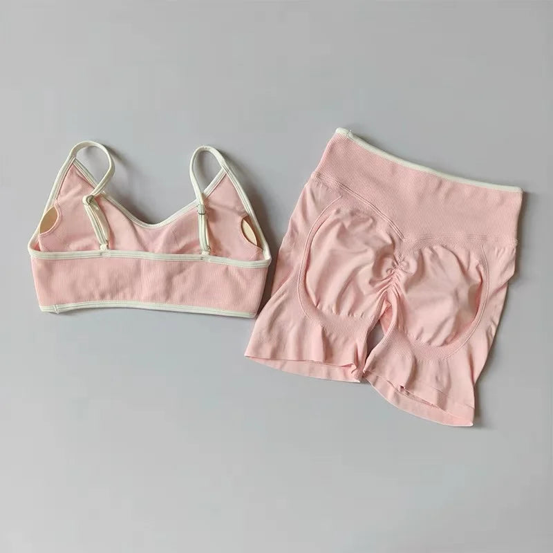 Peach Buttock Yoga Suit Women Gym Seamless Suspender Gathering Bra High Waist Hip Lifting Belly Tightening Shorts Fitness Set