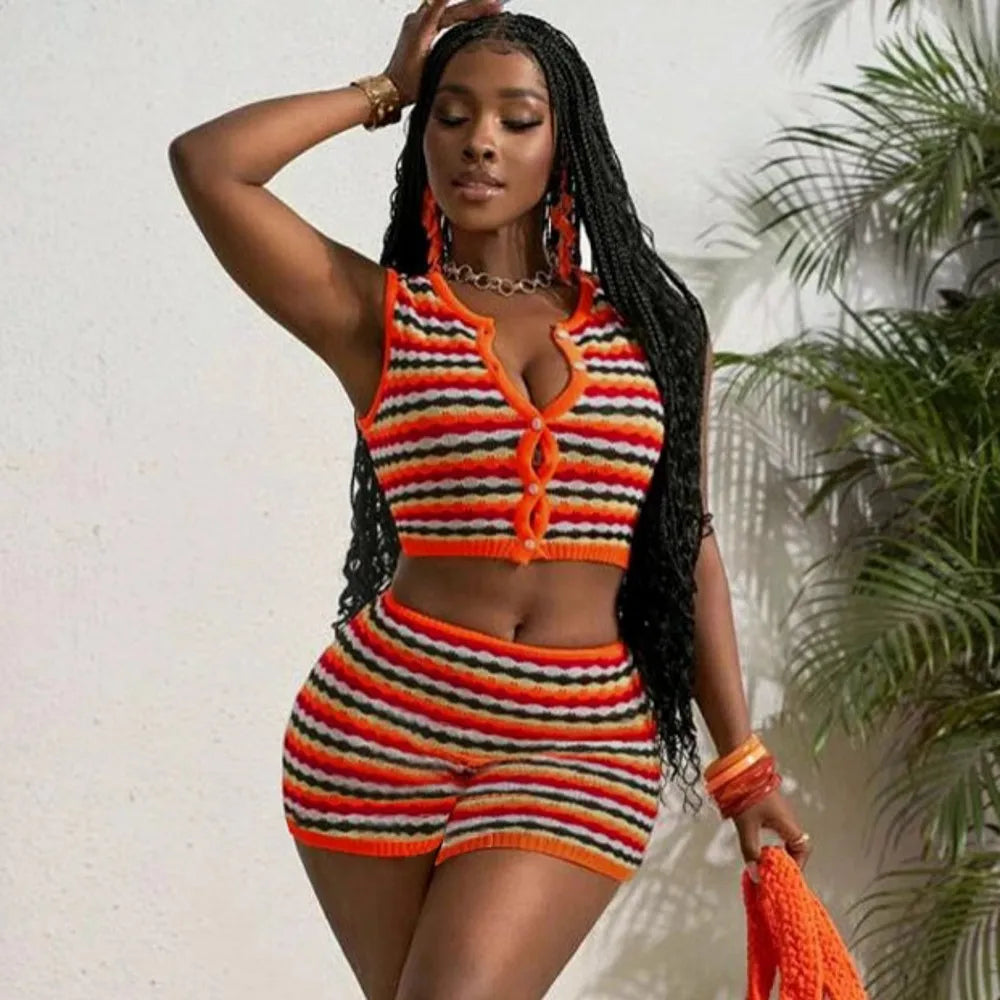 2 Piece Set Women Tracksuit Summer Casual Loose Top And Shorts Sweat Suits Striped Knitting Two Piece Matching Sets Outfit