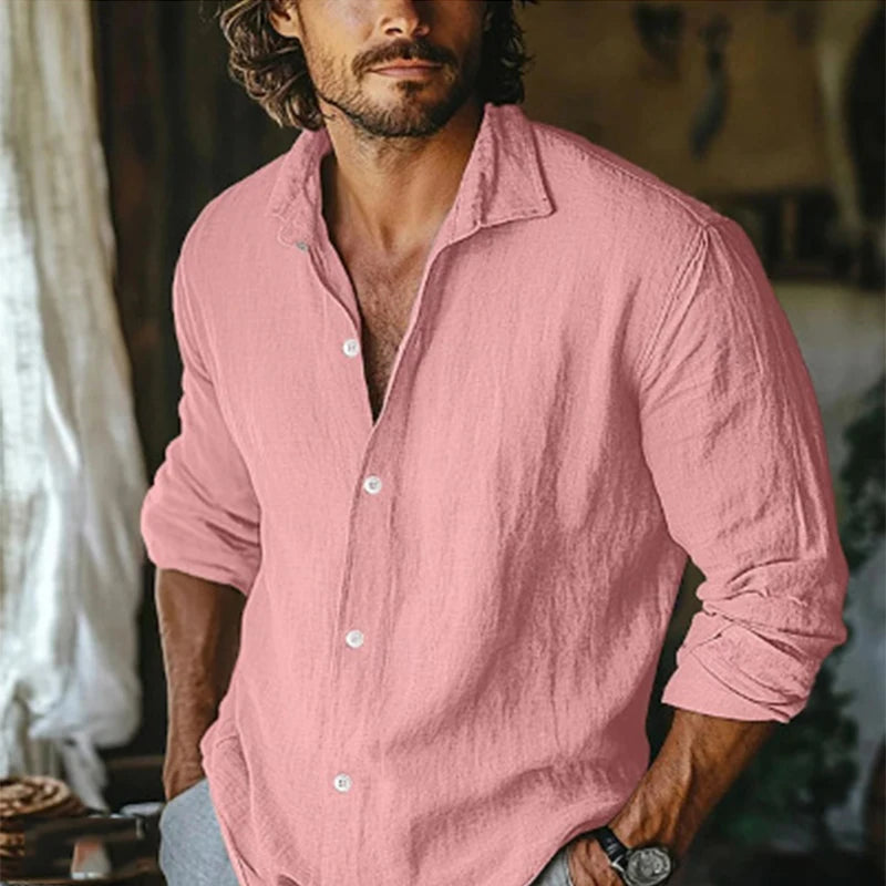 2025 Spring New Casual Solid Color Linen Shirt Mens Long Sleeve Button-up Turn-down Collar Leisure Shirts Vintage Men Clothing