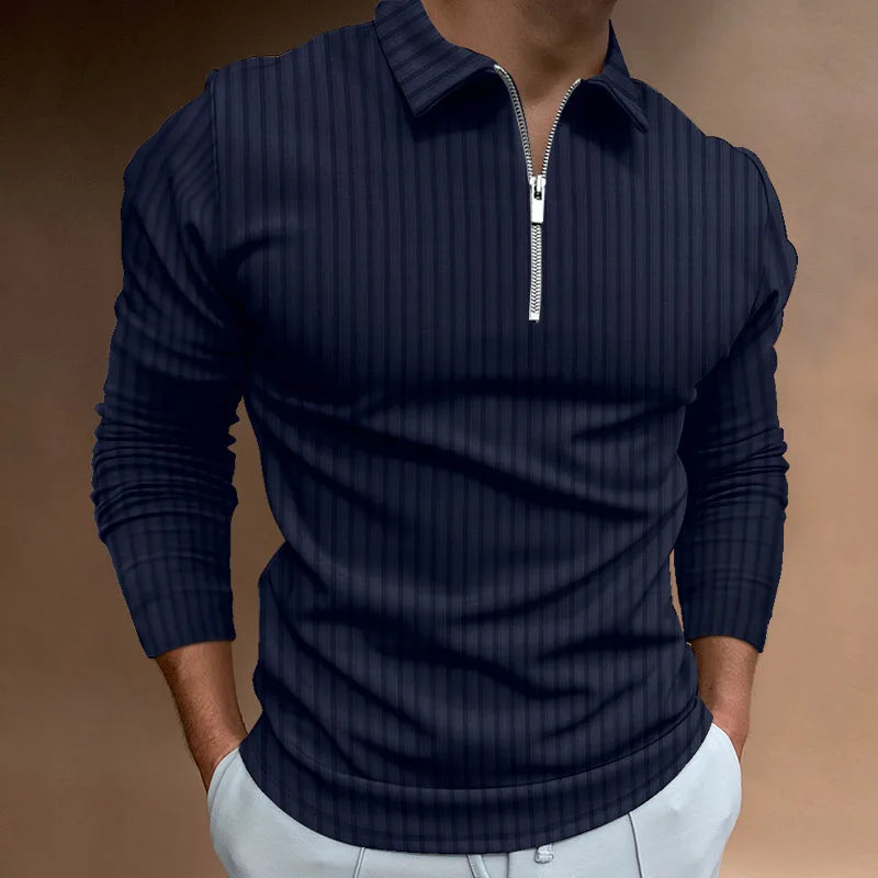 Cross-border spring and autumn men's POLO shirt fashion trend zipper striped long-sleeved men's polo shirt