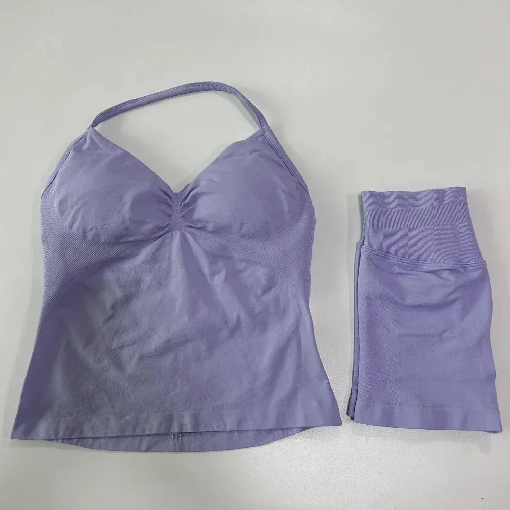 2 Pieces Sport Set Women Backless Tank Tops High Waist Scrunch Seamless Shorts Sport Suit Gym Set Sportswear Workout Set