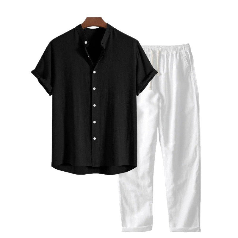 Mens Solid Color Short Sleeve Shirt and Pants Set