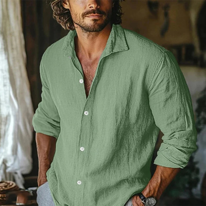 2025 Spring New Casual Solid Color Linen Shirt Mens Long Sleeve Button-up Turn-down Collar Leisure Shirts Vintage Men Clothing