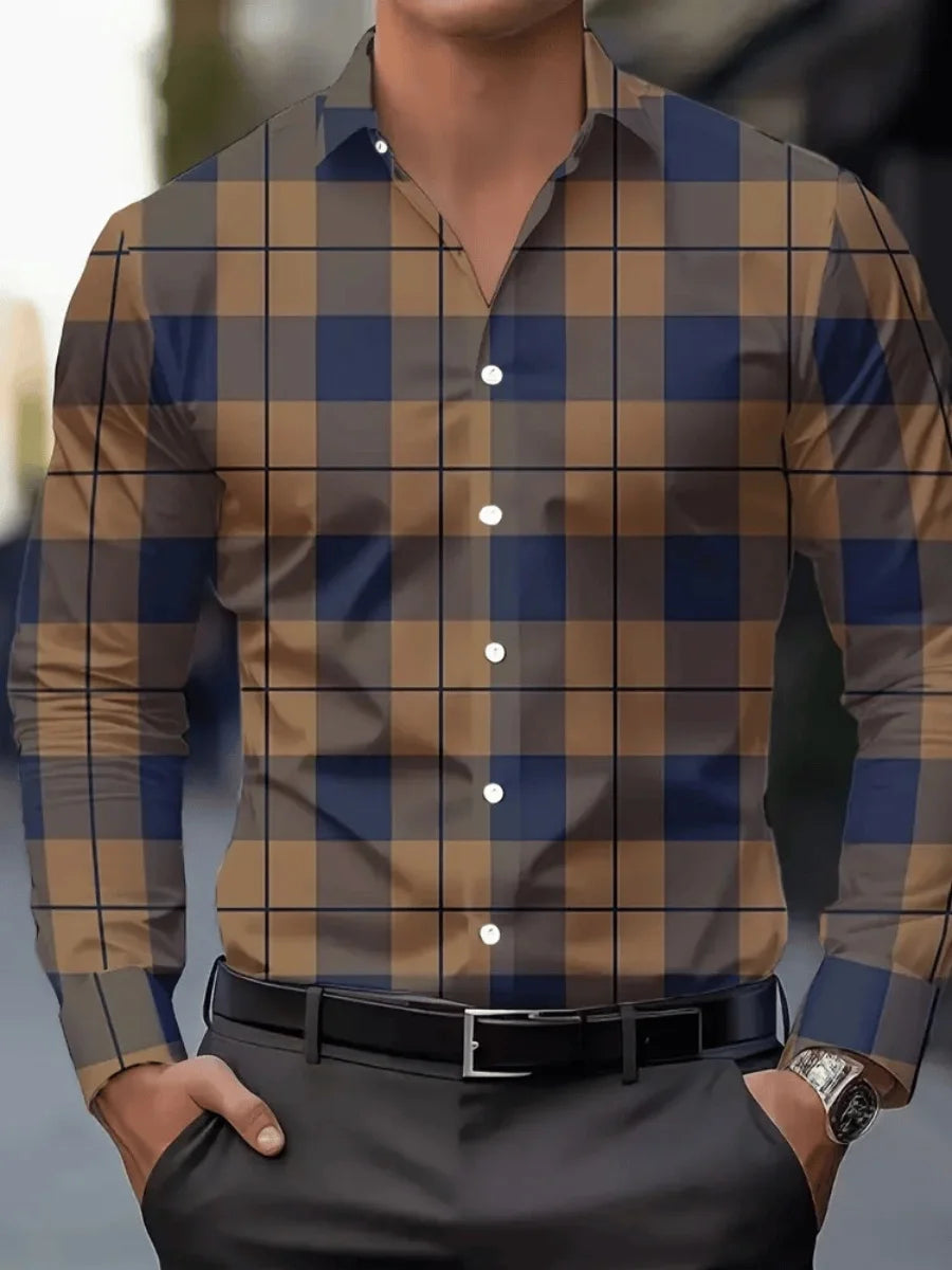 New men's spring-autumn check buttoned shirt
