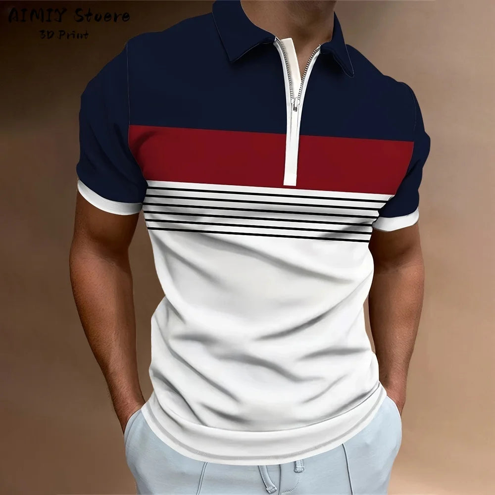 Men's Polo Shirt Striped Polo Shirt Casual Men's Top Short Sleeve Lapel Shirt White Base Gray Stripe Versatile Business Wear