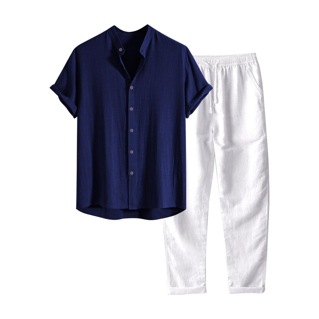 Mens Solid Color Short Sleeve Shirt and Pants Set
