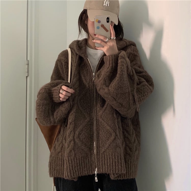 Hooded Twist Knit Cardigan Sweater Coat