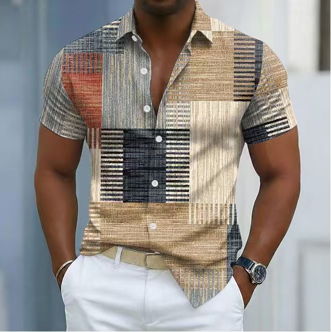 Vintage Color Block Stretch Casual Shirt