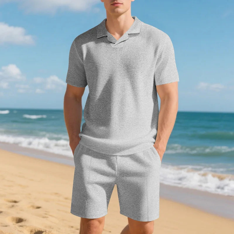Balmacaan Collar Waffle-knit Polo Shorts Set
