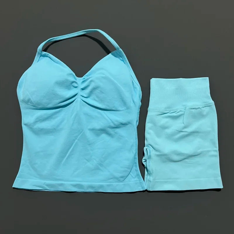 2 Piece Impact Sports Set Women Backless Halter Tops Fitness Tank Top High Waist Seamless High Stretch Shorts Gym Workout Sets