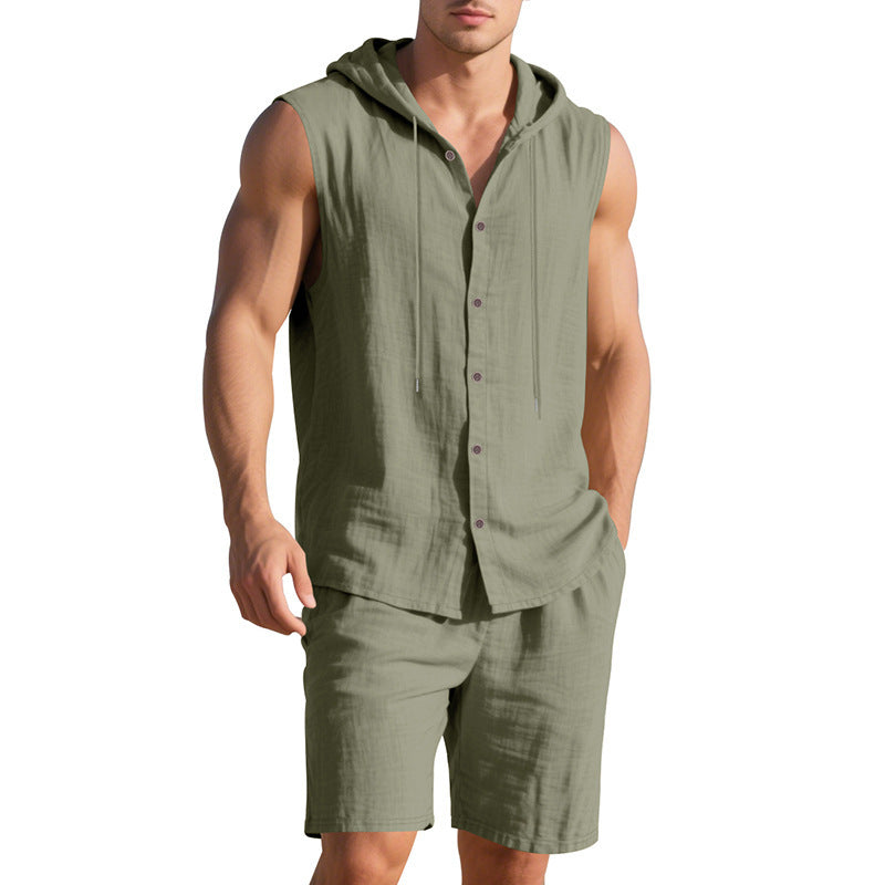 Men's Linen Hooded Vest and Shorts Set