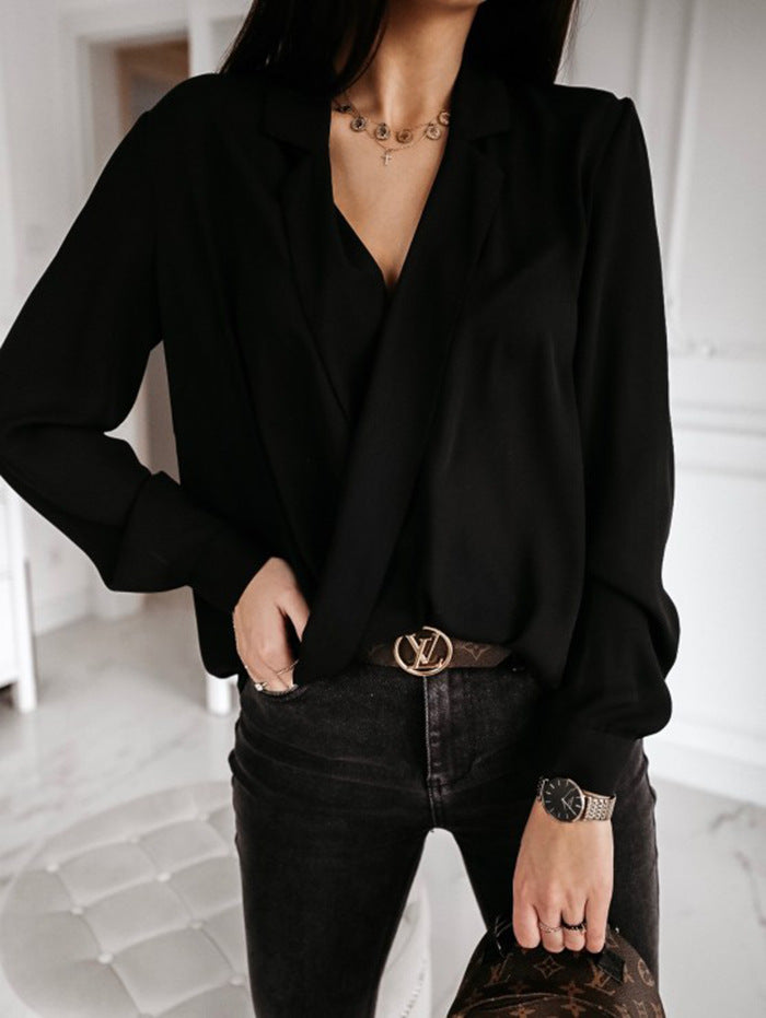 Solid Color Long Sleeve V-Neck Women's Shirt