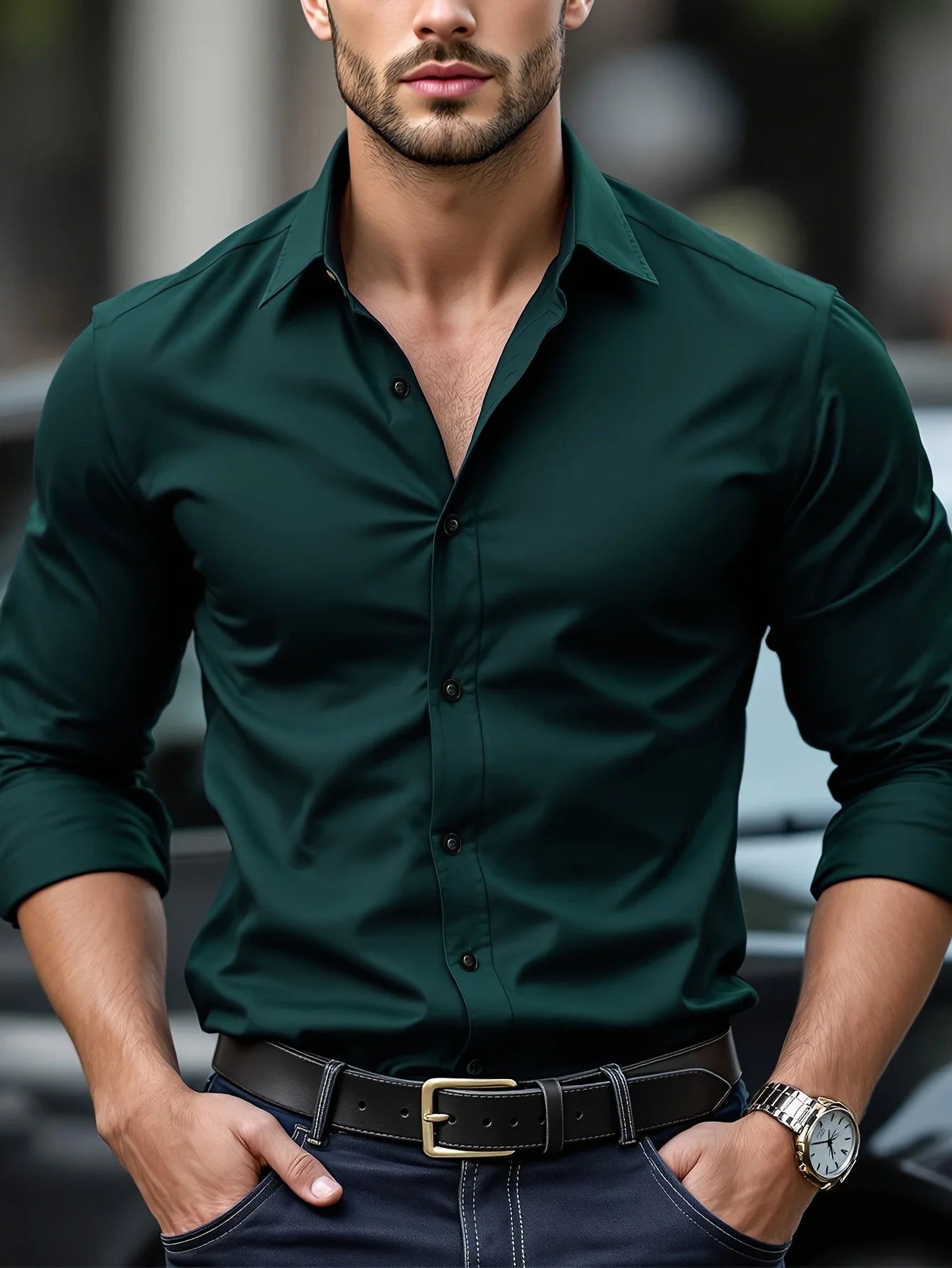FGKKS New Solid Color Long Sleeve Elastic Fabric Shirt