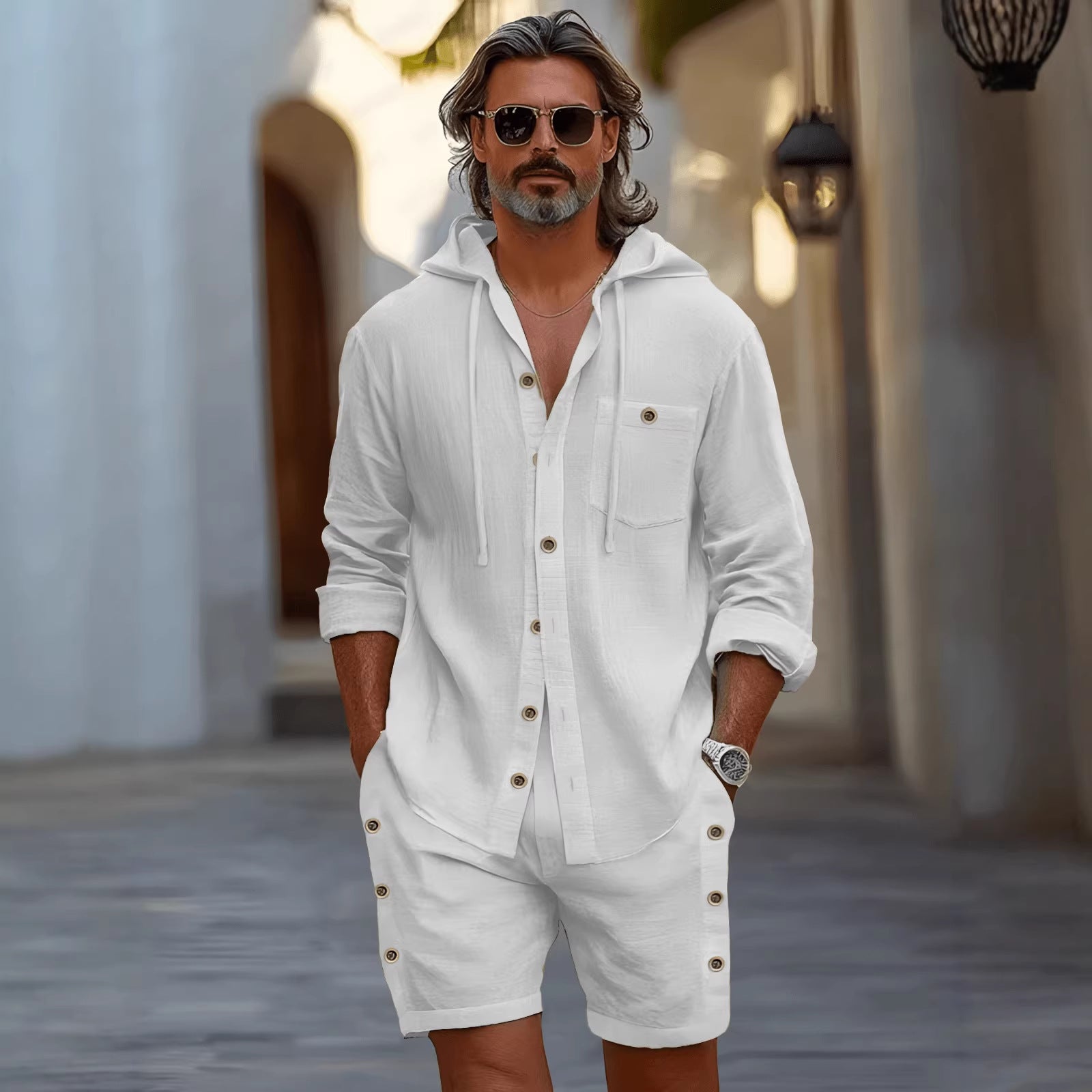 Mens Hooded Shirt Shorts Casual Set